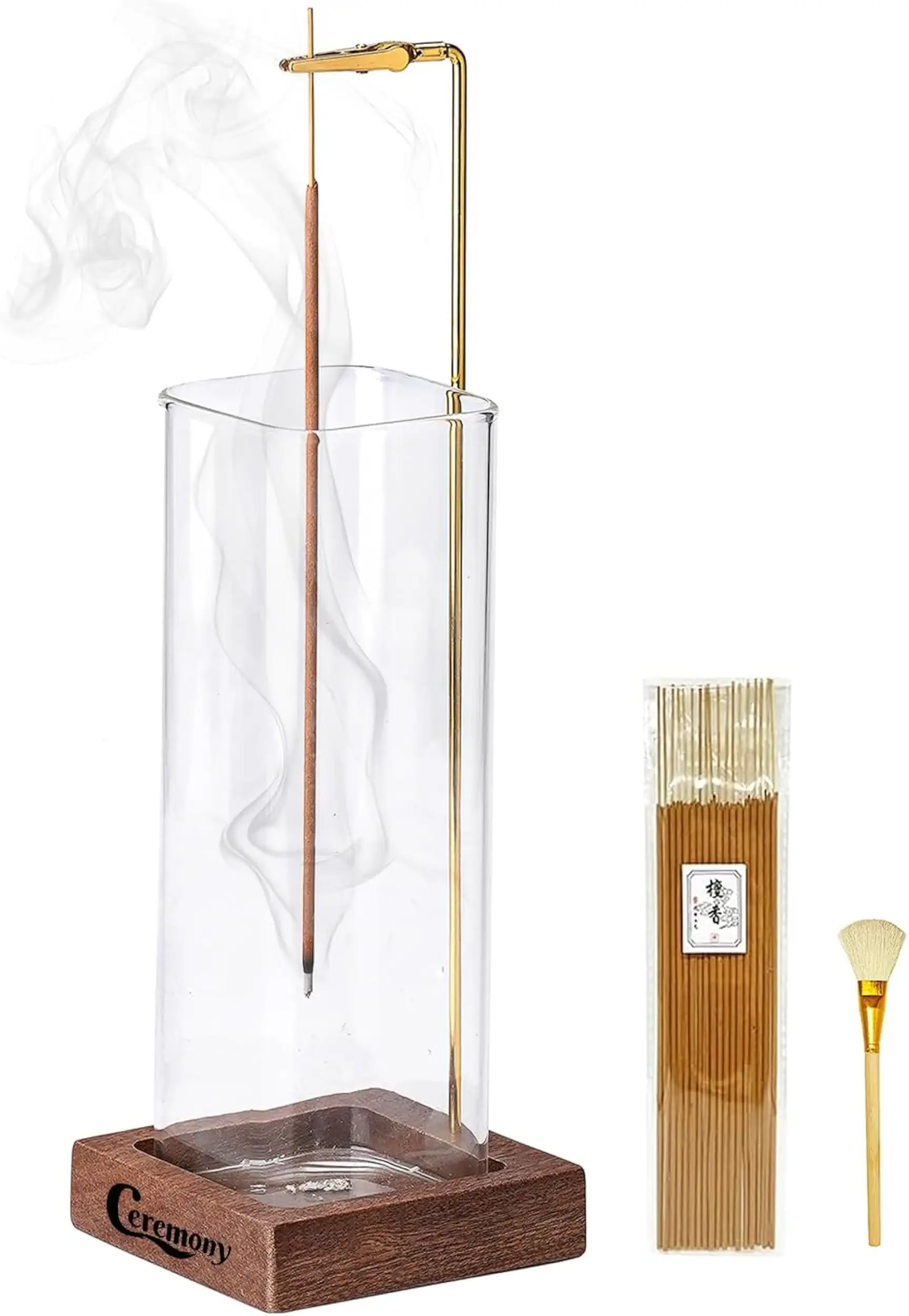 Ceremony Incense Holder: Wooden Incense Holder for Sticks with Glass Ash Catcher, Anti-ash Incense Burner with 20 Incense Sticks and an Ash Brush for Meditation Yoga Spa Room Decor