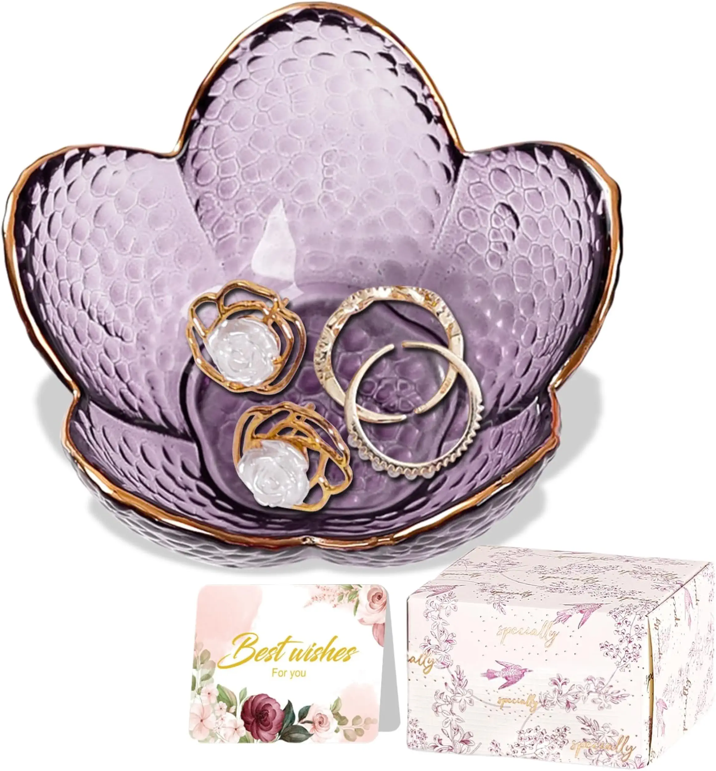 Purple Flower Jewelry Dish: Glass Ring Holder Dish Jewelry Tray Cute Vanity Organizer Aesthetic Nightstand Bathroom Room Decor Trinket Dish Gifts for Women