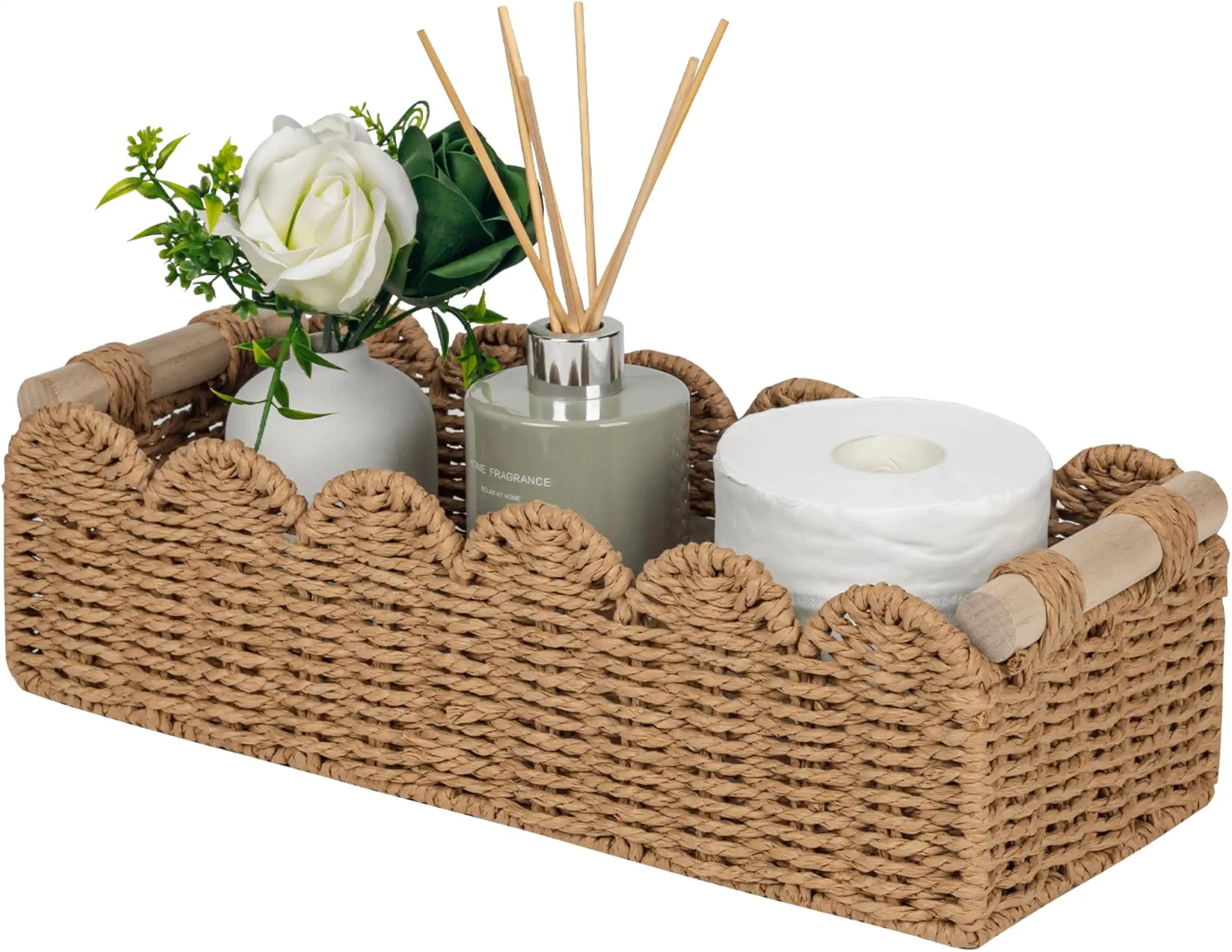 CubesLand Paper Rope Scalloped Edge Storage Basket: Small Living Room, Bedroom Decor Baskets for Over Toilet Storage Shelf, End Table, Shelves and More, with 2 Wooden Handles, Neutral