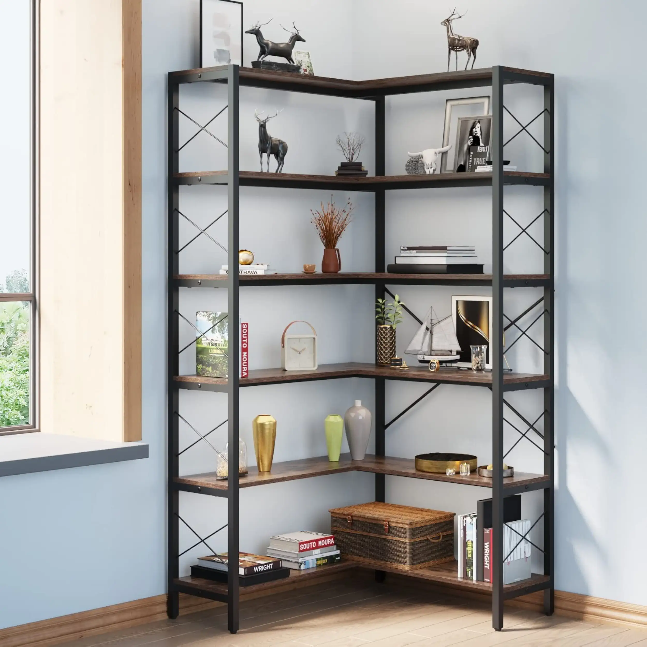 Wildhome 6-Shelf Corner Bookshelf: Vintage Industrial Corner Bookcase Etagere, Large Book Shelf with Metal Frame, Open Storage Corner Cabinet for Living Room Home Office (Retro Brown)