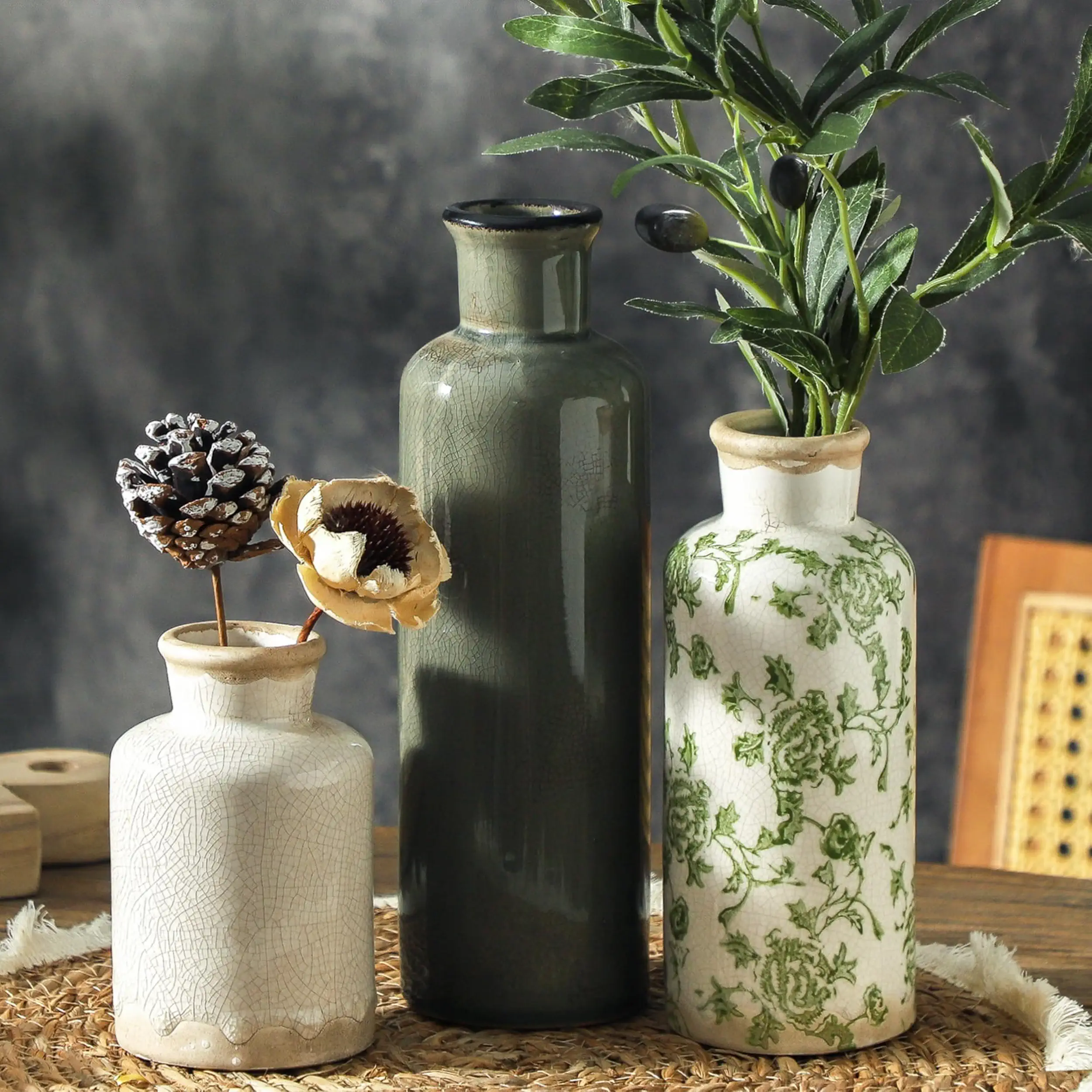 Vintage Vase Set of 3: Ceramic Chinoiserie Decorative Home Decor Retro Floral Vase Rustic Farmhouse Decor for Table Bookshelf Mantel Kitchen Living Room Office - Green and Beige